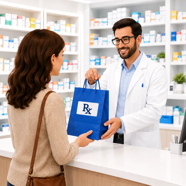 Pharmacist handing a prescription bag across the counter